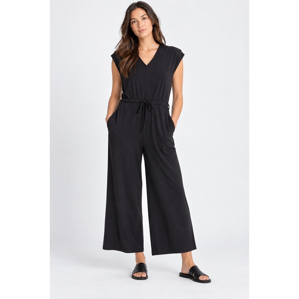 Eileen Fisher Black Tencel Lyocell Wide Leg Drawstring Jumpsuit Medium TFF